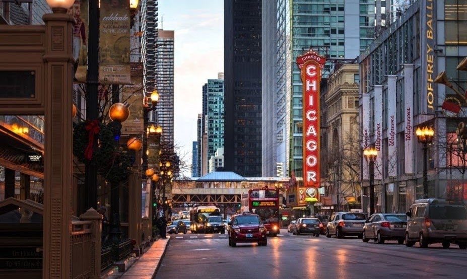 State Street and the Chicago Theatre sign