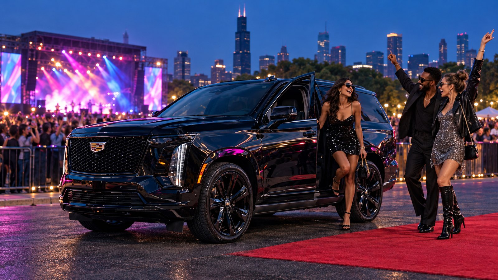 A VIP arrival in a black Cadillac Escalade-V at a Grant Park music festival at night