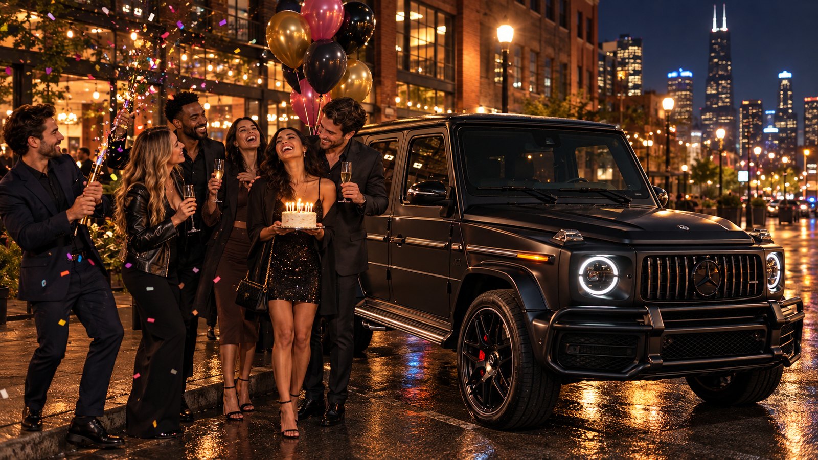 Friends celebrate a birthday with balloons beside a black Mercedes-AMG G63 in the West Loop at night