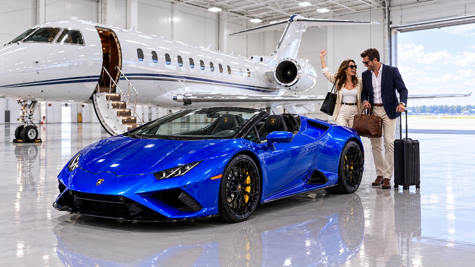 Travelers with a suitcase walk to a blue Lamborghini Huracán Spyder in a private jet hangar