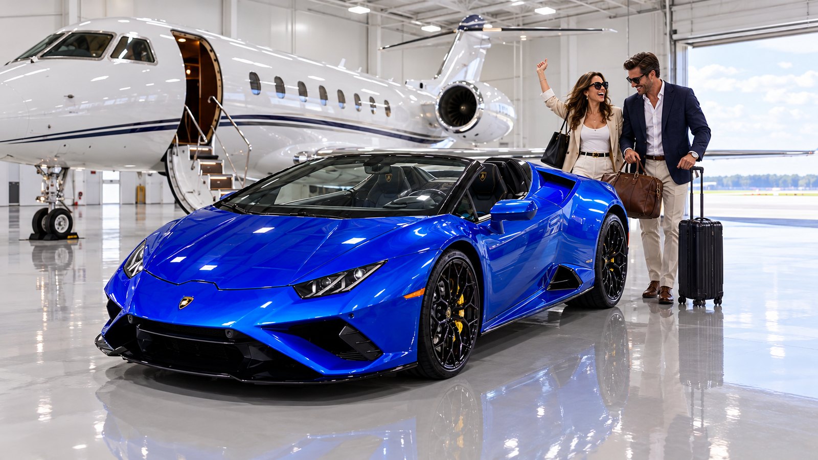 A couple with luggage beside a blue Lamborghini Huracán Spyder in a private jet hangar
