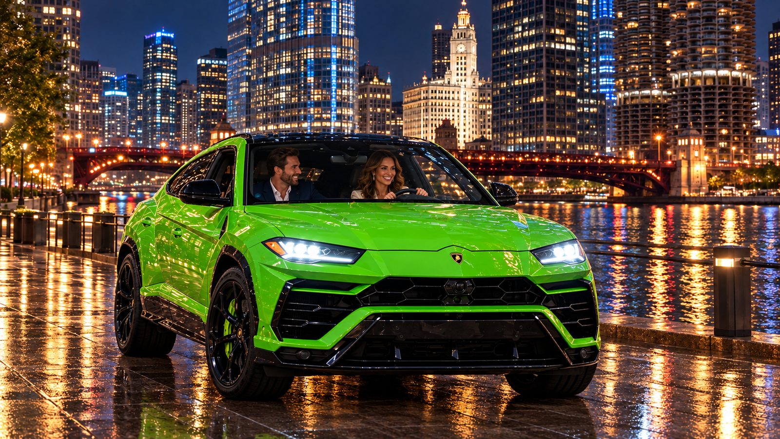 A woman drives a green Lamborghini Urus along the Chicago River at night