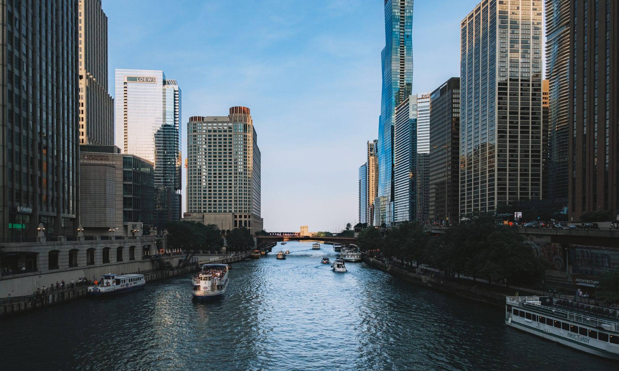 The Chicago River at dusk, St. Regis Chicago in the distance